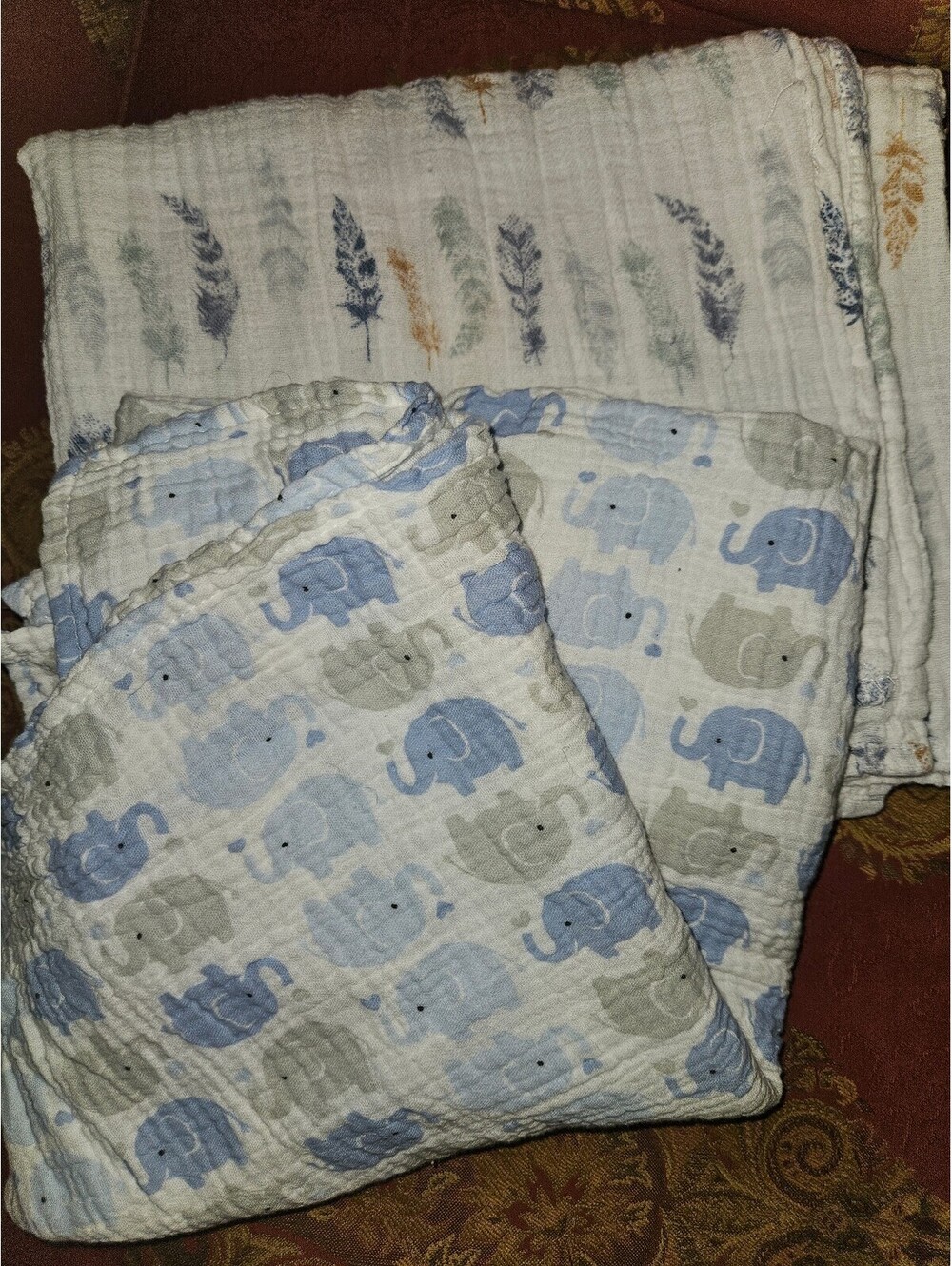 Muslin Baby Swaddle Blankets Set with Blue Elephant and Feather Prints, 2-